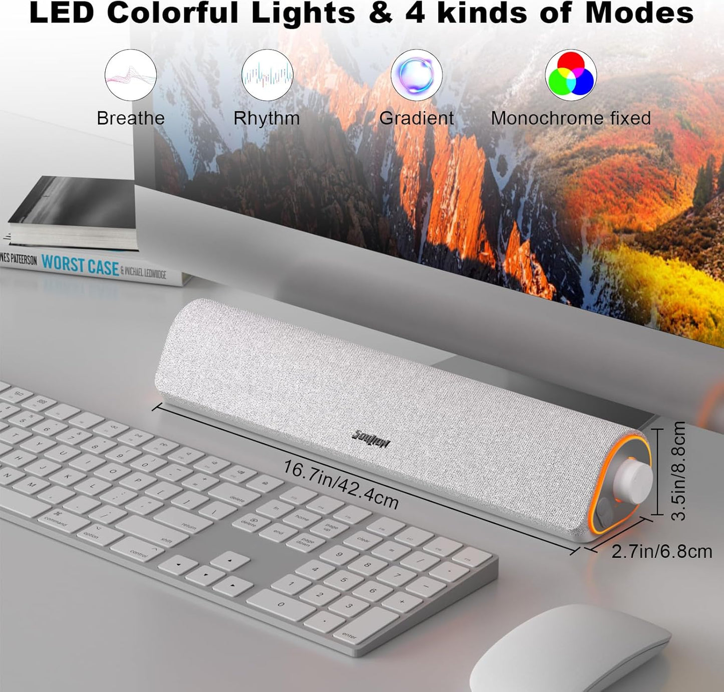 SOULION R50 Bluetooth Computer Speakers, 3.5mm PC Sound Bar for Desktop Monitor, Wired USB Powered & Colorful LED Lights with Switch Button, Surround Sound Soundbar PC Spearkers for Computer