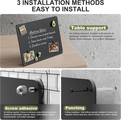 Black Magnetic Bulletin Board to Display Magnetic Notes 3 Installation Methods Multi-Purpose Display Board for Souvenir Magnets Fridge Stickers Photos Spice Jars Desktop Board for Home Kitchen Office