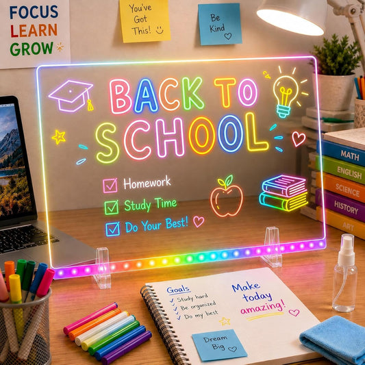 LED Light Up Acrylic Message Board for Kids Students, 13.7"x10" Dry Erase Drawing Board with 7 Colors & 4 Modes, Reusable Glow Memo Board for Back to School, Homework, Bedroom Desk Decor