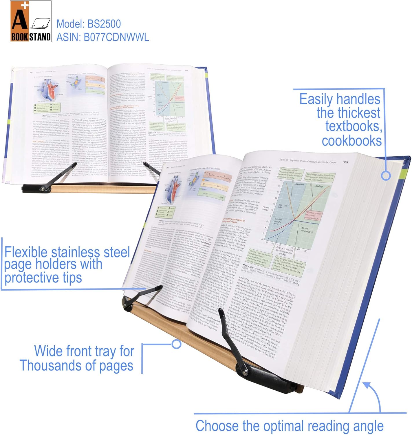 BS1500 11.8x8.5 Portable Adjustable Foldable Bookstand Holder for Reading Hands Free Large Thick Heavy Textbooks Cookbooks Tablets