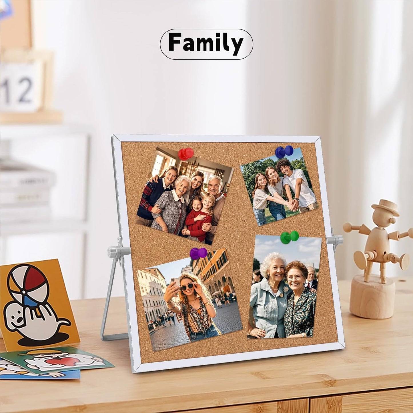 9.8"×9.8" Cork Board Bulletin Board, Double Sided Pin Board with Silver Aluminum Border, Desktop Small Cork Board with Stand Suitable for Home, Office, Desk Message Board or Picture Board