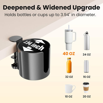 Yinqster 360° Deep Desk Cup Holder with Extra Wide Clamp, Anti-Spill Clip on Cup Holder for Desk, Rotating Table Mug Holder for Office & Gaming Accessories to Hold Stanley YETI Bottles, Bottle Racks