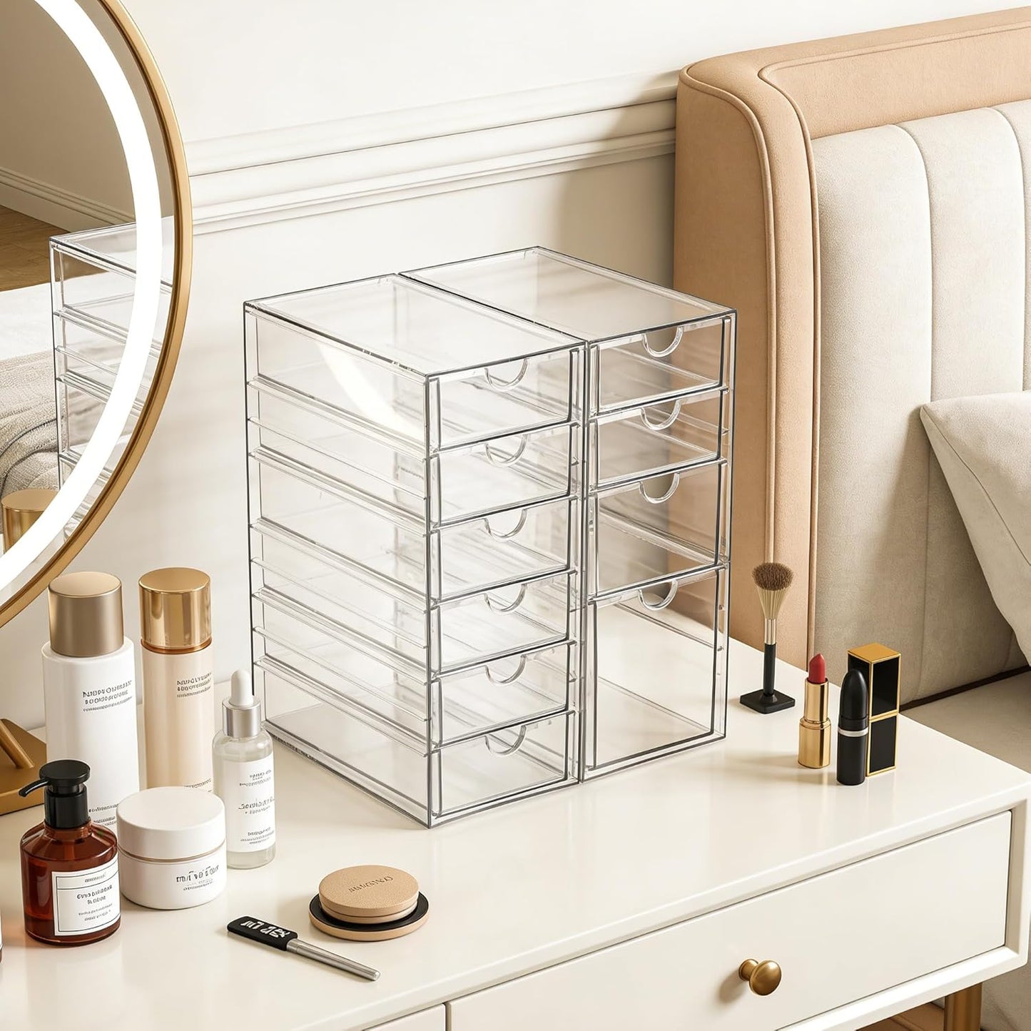 Prsildan Acrylic Drawer Makeup Organizer with 6 Drawers (Not for Baby Bottle), Set of 2 Office Desk Organizers Accessories, Clear Stackable Storage Drawers for Vanity, Craft (Largest Drawer 4" Tall)