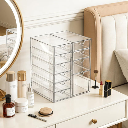 Prsildan Acrylic Drawer Makeup Organizer with 6 Drawers (Not for Baby Bottle), Set of 2 Office Desk Organizers Accessories, Clear Stackable Storage Drawers for Vanity, Craft (Largest Drawer 4" Tall)