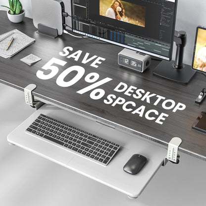 Keyboard Tray Under Desk, Pull Out Keyboard & Mouse Tray with Adjustable C-clamp, 25.6(31.5 Including Clamps) x 11.8 Inch Slide Out Computer Keyboard Drawer Mouse Tray for Typing,White