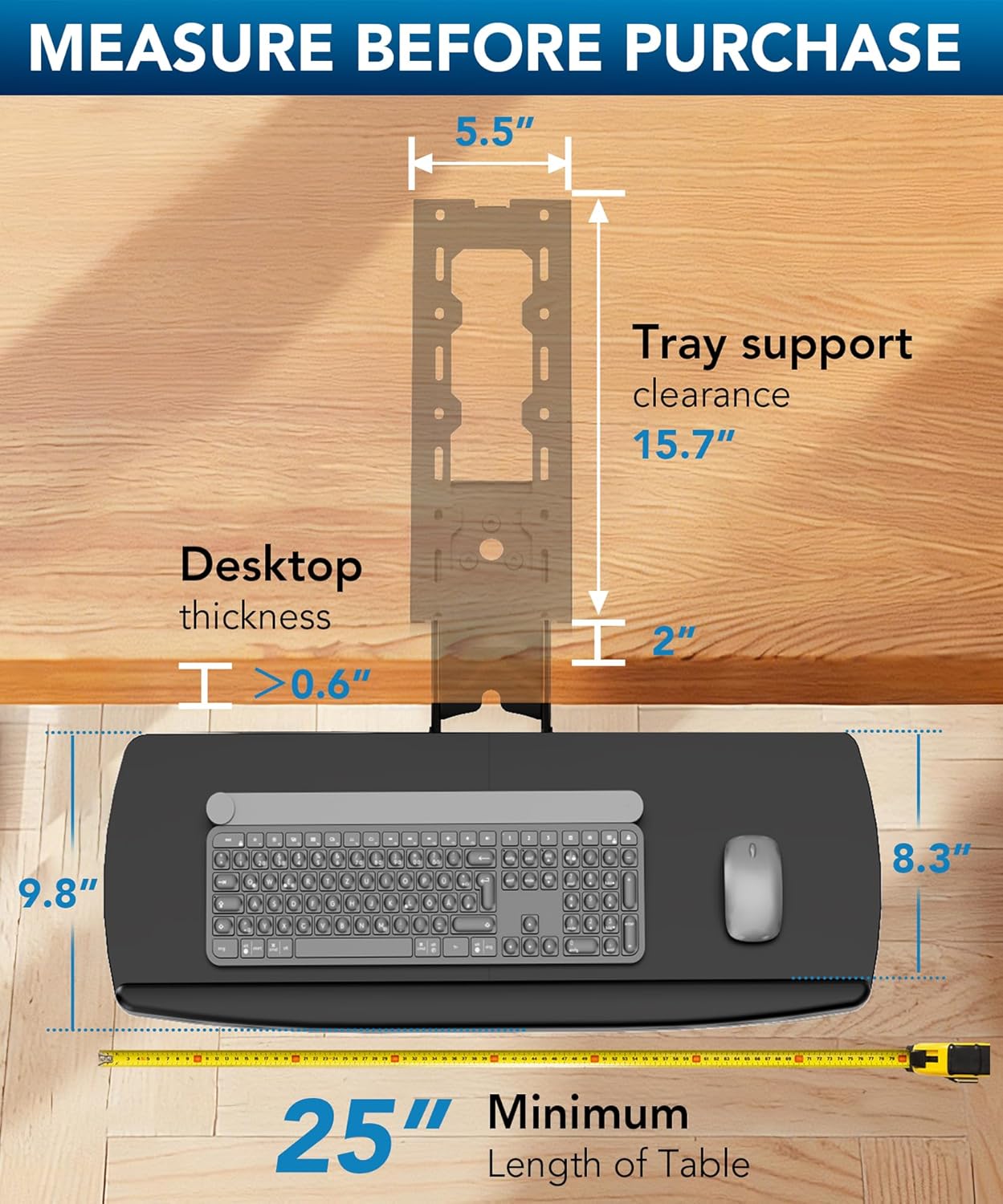 AX WABER Keyboard Tray Under Desk with Storage Drawer, Height Adjustable Keyboard Tray Slide Out 360° Swivel Tilt, Ergonomic Under Desk Mount Keyboard & Mouse Holder for Gaming Home Office, Black
