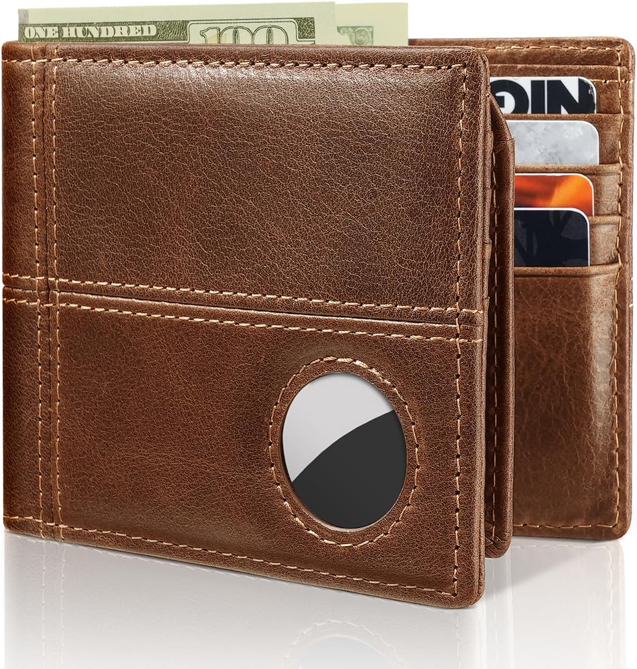 Mens Wallet With AirTag Holder, Bifold Leather RFID Blocking 1-2 ID Windows 12-13 Card Holders, Gift Box and Screen Protector Included, AirTag Not Included