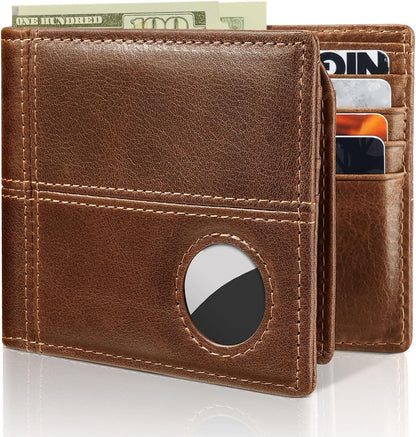 Mens Wallet With AirTag Holder, Bifold Leather RFID Blocking 1-2 ID Windows 12-13 Card Holders, Gift Box and Screen Protector Included, AirTag Not Included