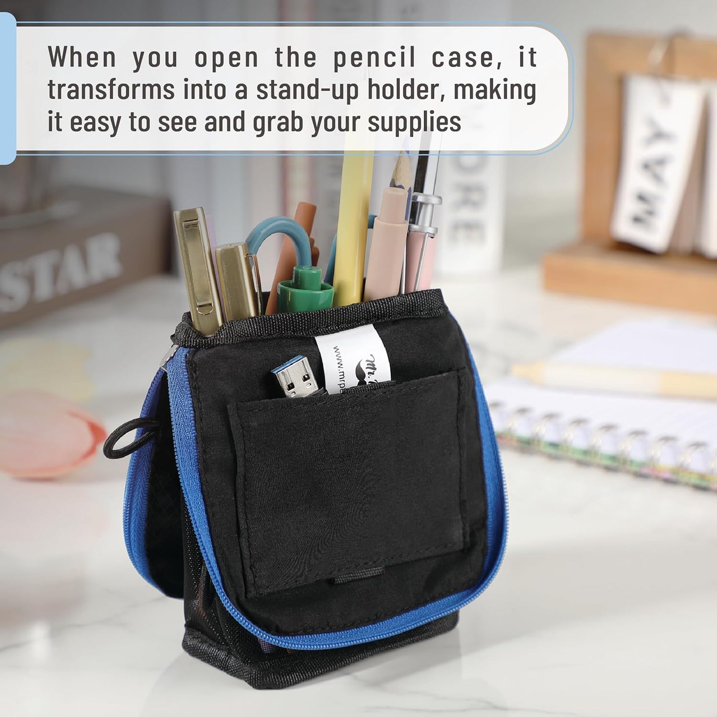 Mr. Pen- Standing Pencil Case Pouch, Sit & Lay Mesh-View Design, Black & Gray, Interior Pocket & 2 Elastic Binder Loops, Cute Pencil Case for Girls and Boys