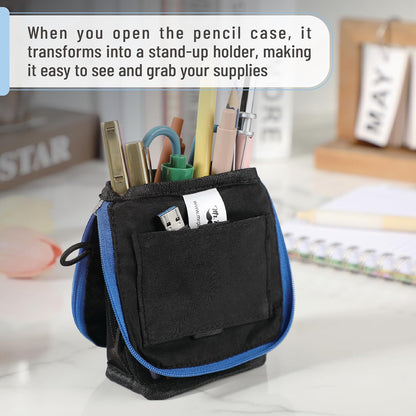 Mr. Pen- Standing Pencil Case Pouch, Sit & Lay Mesh-View Design, Black & Gray, Interior Pocket & 2 Elastic Binder Loops, Cute Pencil Case for Girls and Boys