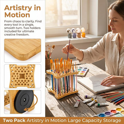 Cedilis 2 Pack Rotating Paint Brush Holder, 59 Holes Bamboo Paintbrush Holder Organizer for Pen, Pencil, Watercolor Brushes, Artist, No Assembly Required