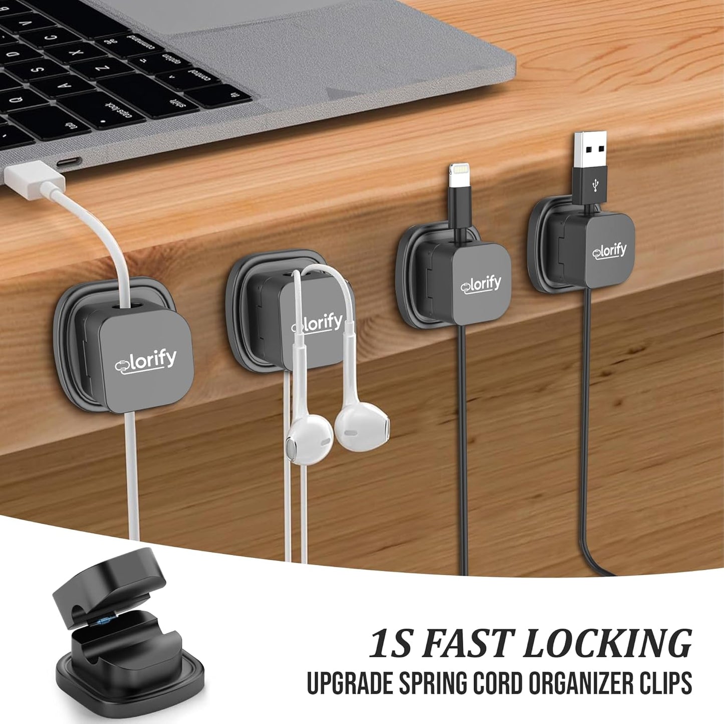 8 Pack Spring Cord Holder Clips [360° Rotatable, 1-Hand Use] — Adhesive Cable Clips for Nightstand, Desk, Wall & Kitchen | Phone Charger Cord Holder | No-Residue | Fits 2.5–8mm Cables