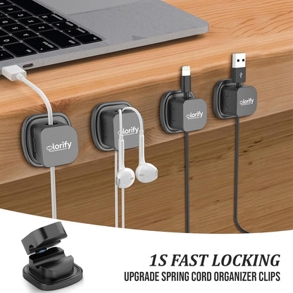 8 Pack Spring Cord Holder Clips [360° Rotatable, 1-Hand Use] — Adhesive Cable Clips for Nightstand, Desk, Wall & Kitchen | Phone Charger Cord Holder | No-Residue | Fits 2.5–8mm Cables