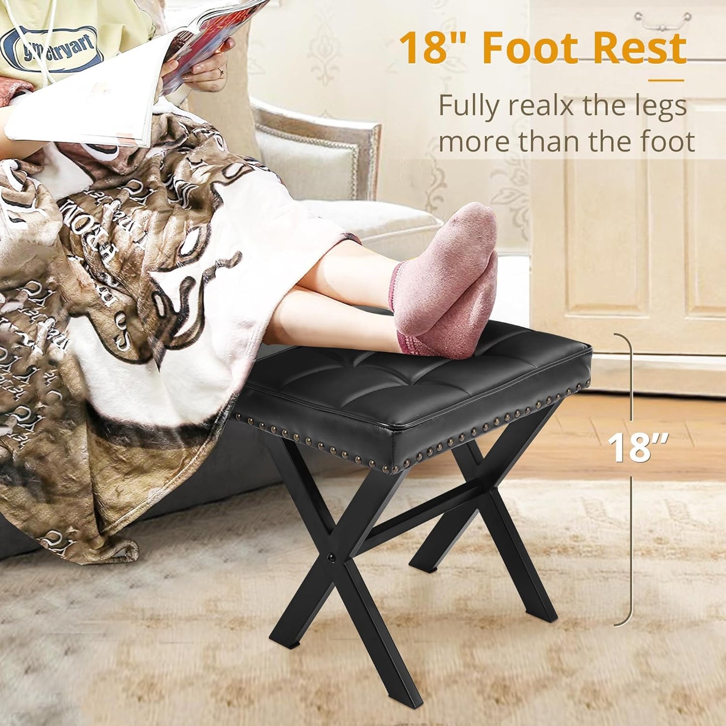 LUE BONA Square Linen Makeup Stool, Metal X Legs, Small Ottoman Stool Chair for Vanity, Modern Padded Seat Foot Rest for Makeup Room, Bathroom