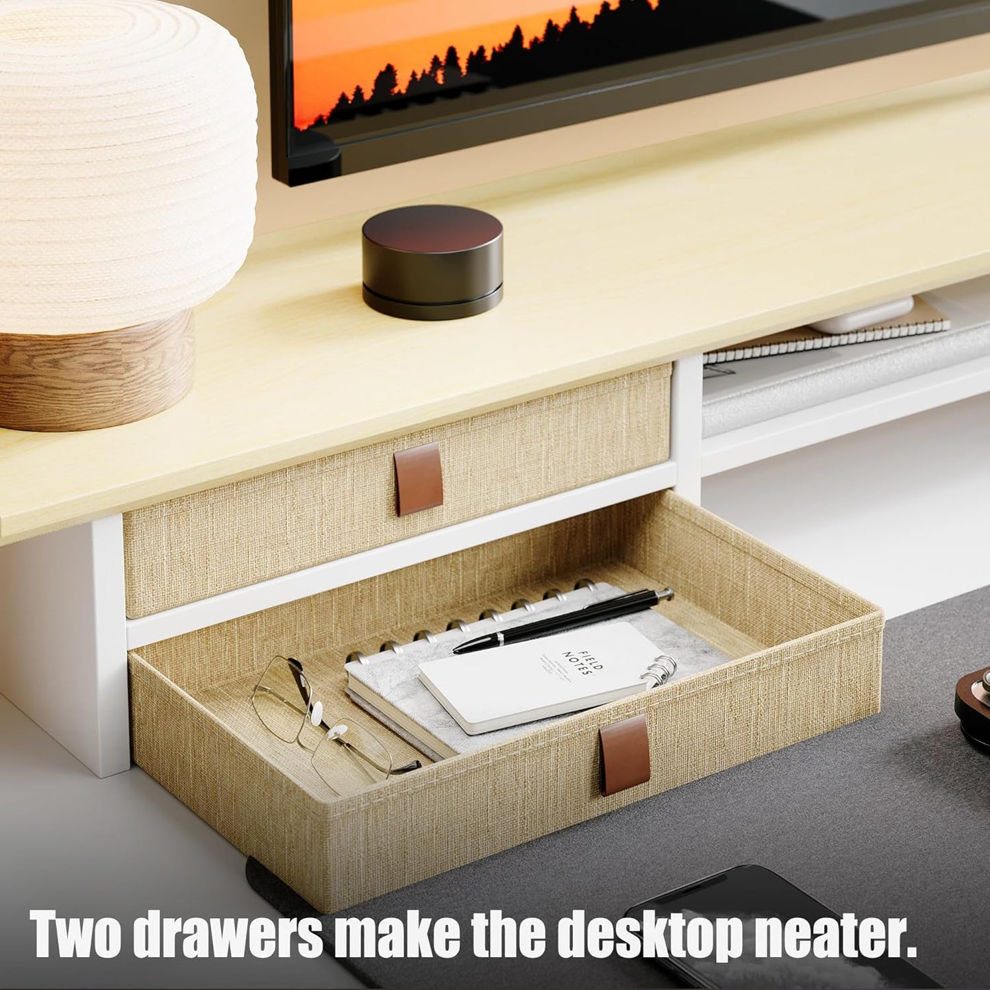 FENSULN Dual‑Tier Monitor Stand Riser with Drawers, Desktop Organizer Shelf Storage for Computer Screen 2 Monitors, Supports for PC Computer Monitor, Printer, Heavy TV Riser Brown and Black