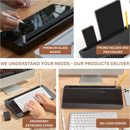 GAROOD Desktop Whiteboard with Storage Desk White Board Desk Board Glass White Board with Stand Home Office Organizer Phone Holder 15.8X7X2 inches