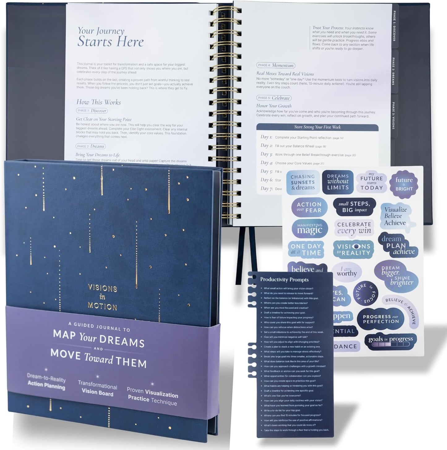 Vision Board Kit & Guided Manifestation Journal | Goal Planner & Habit Tracker, Self Care & Reflection Tools | Undated Vegan Leather Hardcover | Visions in Motion Portable Vision Board