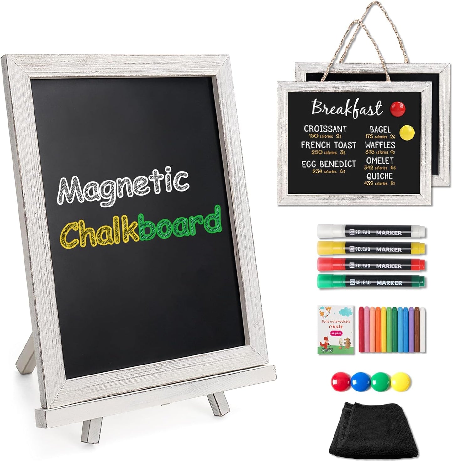 SELEAD 100% Real Wood Frame Magnetic Chalkboard with Stand - 10x12 Inch Small Tabletop/Hanging Chalk Board Words Sign Board, Message Menu Board for Cafe, Business, Wedding - Vintage White