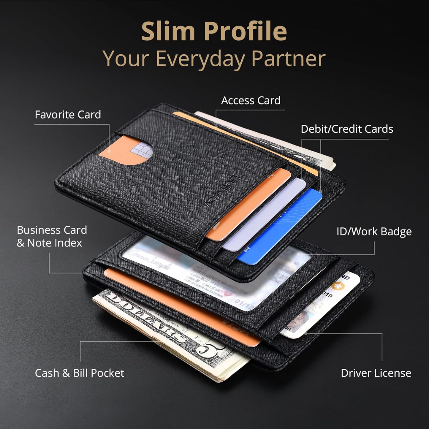 Buffway Slim Minimalist Front Pocket RFID Blocking Leather Wallets for Men and Women - Carbon Fiber Black - Colors B
