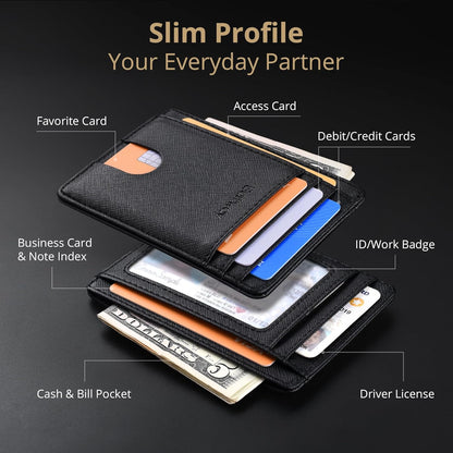 Buffway Slim Minimalist Front Pocket RFID Blocking Leather Wallets for Men and Women - Carbon Fiber Black - Colors B