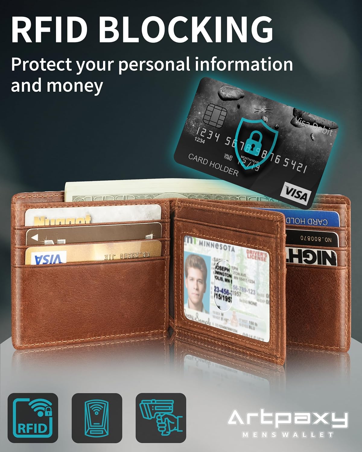 Mens Wallet With AirTag Holder, Bifold Leather RFID Blocking 1-2 ID Windows 12-13 Card Holders, Gift Box and Screen Protector Included, AirTag Not Included