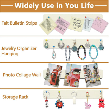Felt Pin Board Bar Strips Bulletin Board for Bedrooms Offices Home Wall Decoration, Notice Board Self Adhesive Cork Board with 35 Push Pins for Paste Notes, Photos, Schedules
