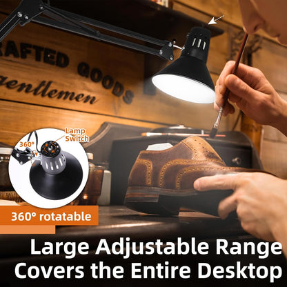 Desk Lamp With Clamp for Home Office, Eye-Caring Clip on Light with Adjustable Extra Tall Metal Swing Arm, High Intensity Clamp Lamp w/LED Bulb, Architect Task Table Lamps for Study, Workbench-B/5000k