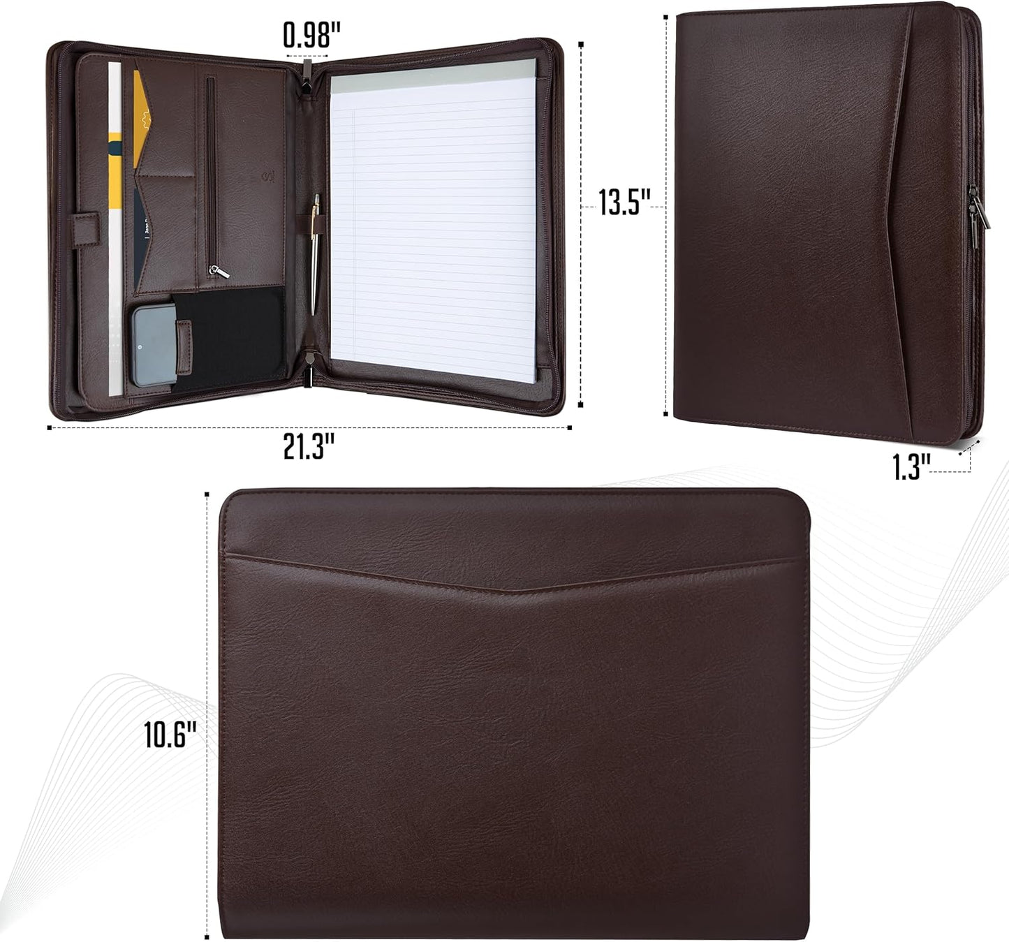 STYLIO Zipper Padfolio Portfolio Binder Organizer | Faux Leather Portfolio for Resume, Documents, Phone, Tablet, Business Supplies and Cards | Notebook Organizer with Letter Sized Notepad Included