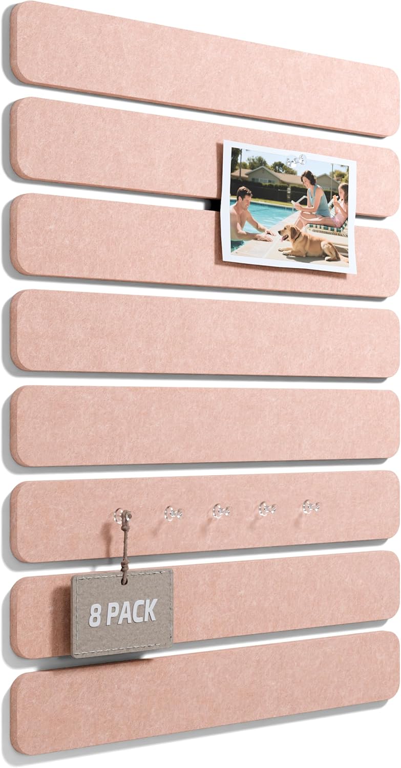 Fluxynara Cork Board Alternative Felt Strip Board 8-Pack 13"x2", Office Pin Board with 50 Push Pins, Adhesive Install for Bedroom Door & Home Office(Linen Dusk)