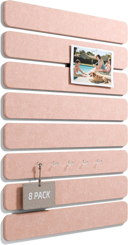 Fluxynara Cork Board Alternative Felt Strip Board 8-Pack 13"x2", Office Pin Board with 50 Push Pins, Adhesive Install for Bedroom Door & Home Office(Linen Dusk)