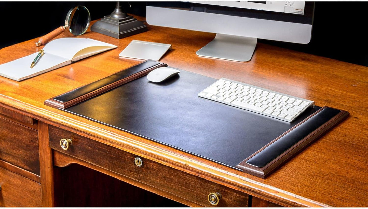 DACASSO Wood & Leather Desk Pad with Side Rails - Luxury Leather Desk Blotter for Writing - Padded Executive Desk Surface Protector - (Walnut & Black, 34” x 20”)