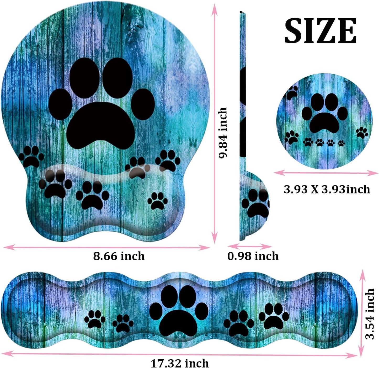 Mouse Wrist Rest and Keyboard Wrist Rest Pad Set, Non-Slip Rubber Base Smooth Surface Ergonomic Gaming Mouse Pad for Easy Typing and Pain Relief, Antique Blue Wood Grain Dog Paw + Coaster