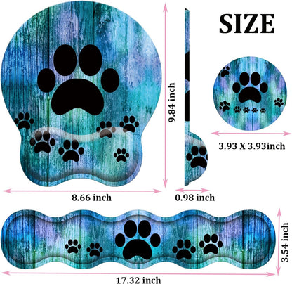 Mouse Wrist Rest and Keyboard Wrist Rest Pad Set, Non-Slip Rubber Base Smooth Surface Ergonomic Gaming Mouse Pad for Easy Typing and Pain Relief, Antique Blue Wood Grain Dog Paw + Coaster