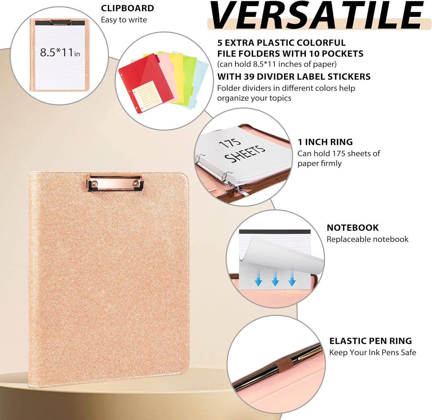 Ospelelf Zippered Padfolio Organizer, Faux Leather 3 Ring Binder with Clipboard, Letter Size Business Portfolio with Notepad, Tablet Sleeve & Phone Pockets for Office Work Brown