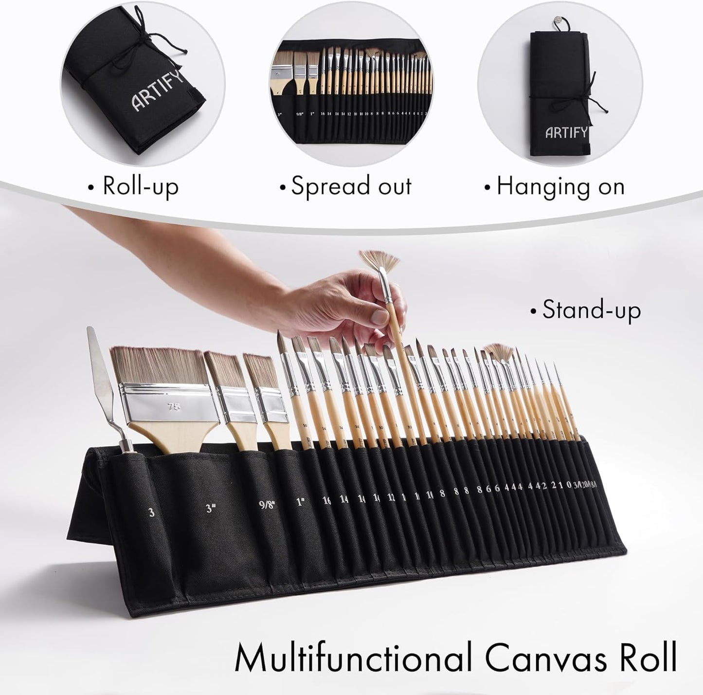 ARTIFY 25 Pieces Professional Paint Brush Set – Expert Series Synthetic Nylon Brushes for Acrylic, Oil, Watercolor, Gouache – No Shedding, Canvas Roll Case & Palette Knife, Artist Gifts Art Supplies