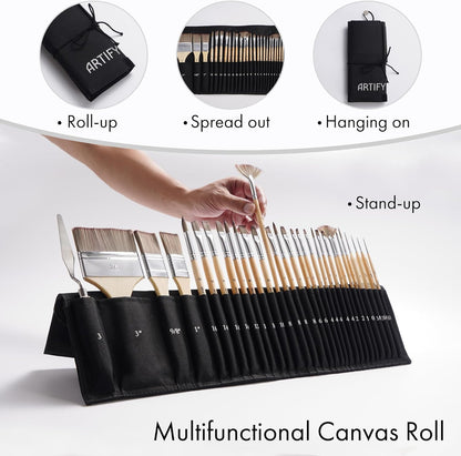 ARTIFY 25 Pieces Professional Paint Brush Set – Expert Series Synthetic Nylon Brushes for Acrylic, Oil, Watercolor, Gouache – No Shedding, Canvas Roll Case & Palette Knife, Artist Gifts Art Supplies
