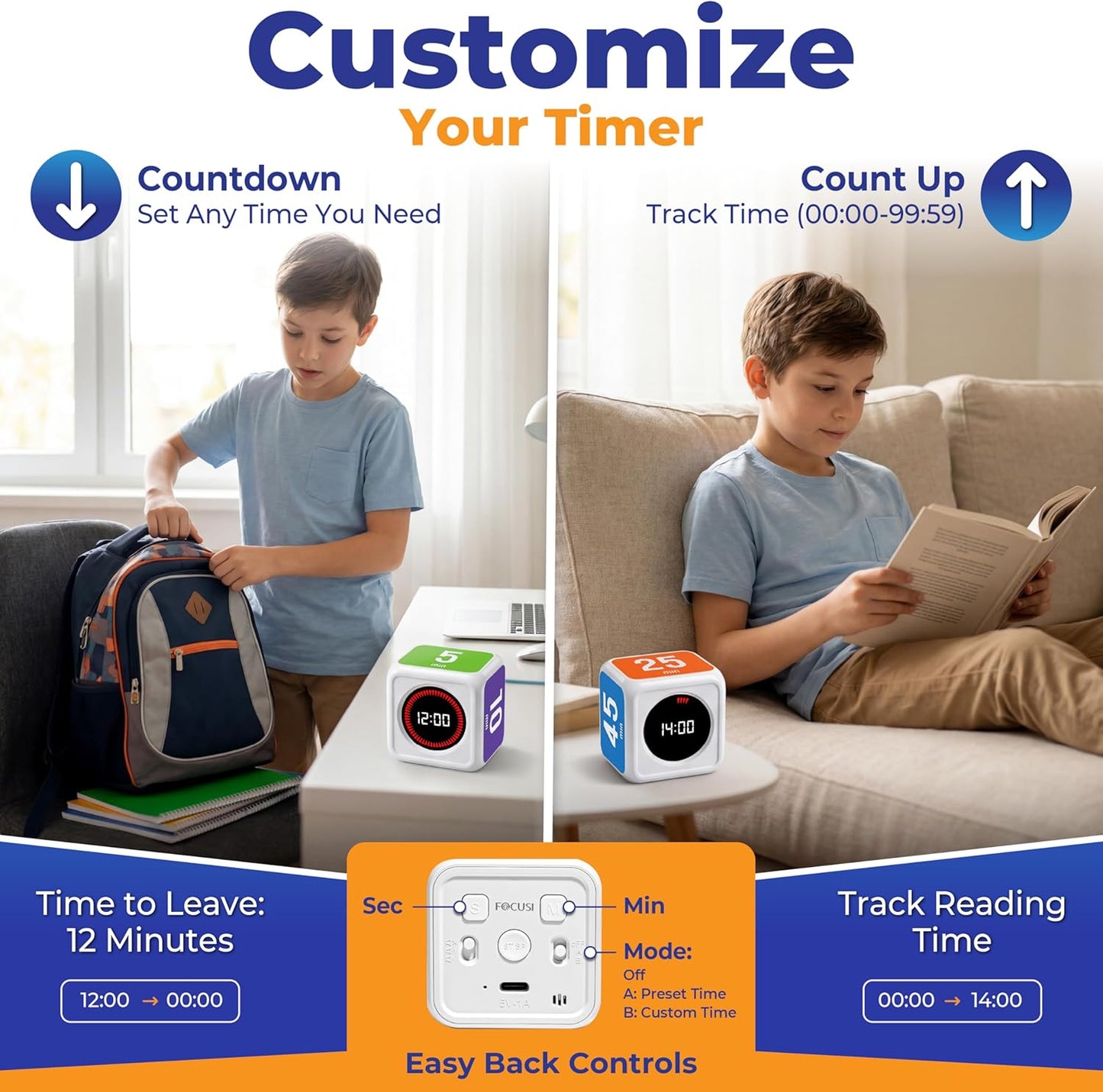 Visual Timer for Kids & Adults – Pomodoro Timer Cube with 5/10/25/45 Min Presets, Custom Visual Countdown & Count Up, Digital Classroom Timer for ADHD, Focus, Study, Work, Rechargeable