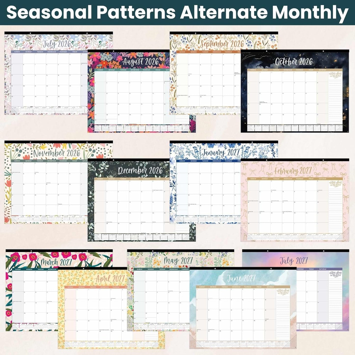 bloom daily planners Desk Calendar 2026-2027 - Academic Year Large Wall Calendar (July 2026 - July 2027) - 21” x 16” Desktop & Hanging Monthly Planner with Stickers for Home or Office - Seasonal