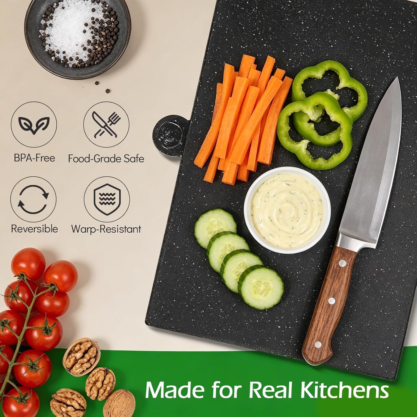MASTERTOP Plastic Cutting Boards for Kitchen, Set of 4 Color Coded Chopping Boards with Storage Stand & Juice Grooves, Dishwasher Safe, Heat Resistant Meat and Bread Boards with Easy-Grip Handles