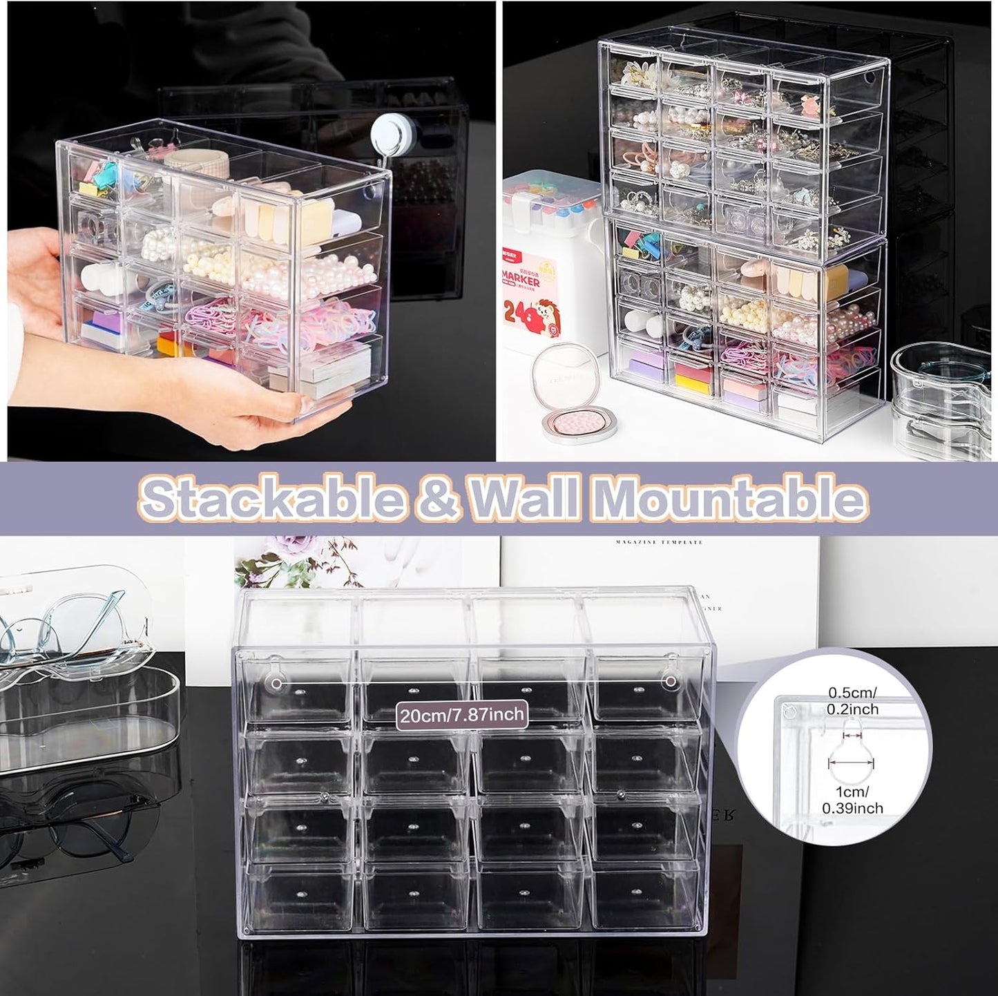 Desk Storage Organizer with 16 Mini Drawers, FODIENS Stackable Desktop Craft Drawer Cabinet, Clear Storage Box Caddy for Makeup Jewelry Office Craft Supplies