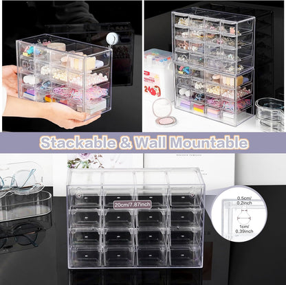 Desk Storage Organizer with 16 Mini Drawers, FODIENS Stackable Desktop Craft Drawer Cabinet, Clear Storage Box Caddy for Makeup Jewelry Office Craft Supplies