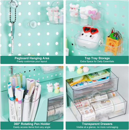 Comix 360° Rotating Pen Holder for Desk, Cute Pencil Holder Pen Organizer, Green Acrylic Pencil Cup Caddy with 5 Slots for Home School Office Supplies