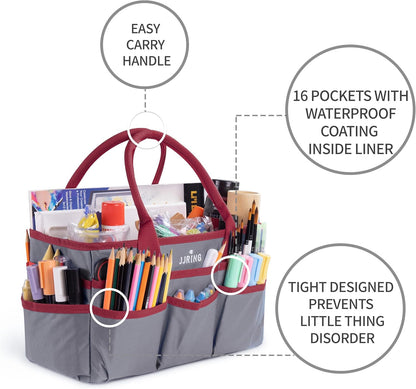 Jjring Craft and Art Organizer Tote Bag - 600D Silver Nylon Fabric Art Caddy with Pockets - for Art, Craft, Sewing, Medical, and Office Supplies Storage