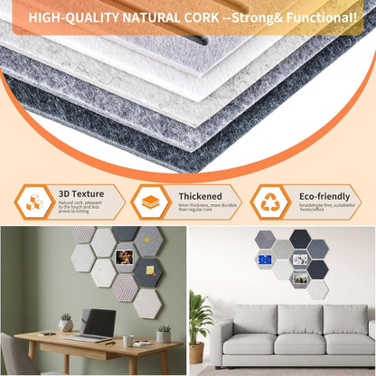FOCHIER F 10PCS Hexagon Cork Boards for Walls Decor,12"*10.2" Felt Bulletin Board Tiles Sets for Home Office Class Kitchen with 50 Push Pins,Self Adhesive DIY Pin Board for Photos Memos
