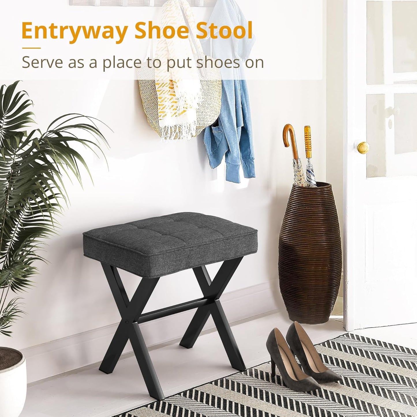 LUE BONA Square Linen Makeup Stool, Metal X Legs, Small Ottoman Stool Chair for Vanity, Modern Padded Seat Foot Rest for Makeup Room, Bathroom