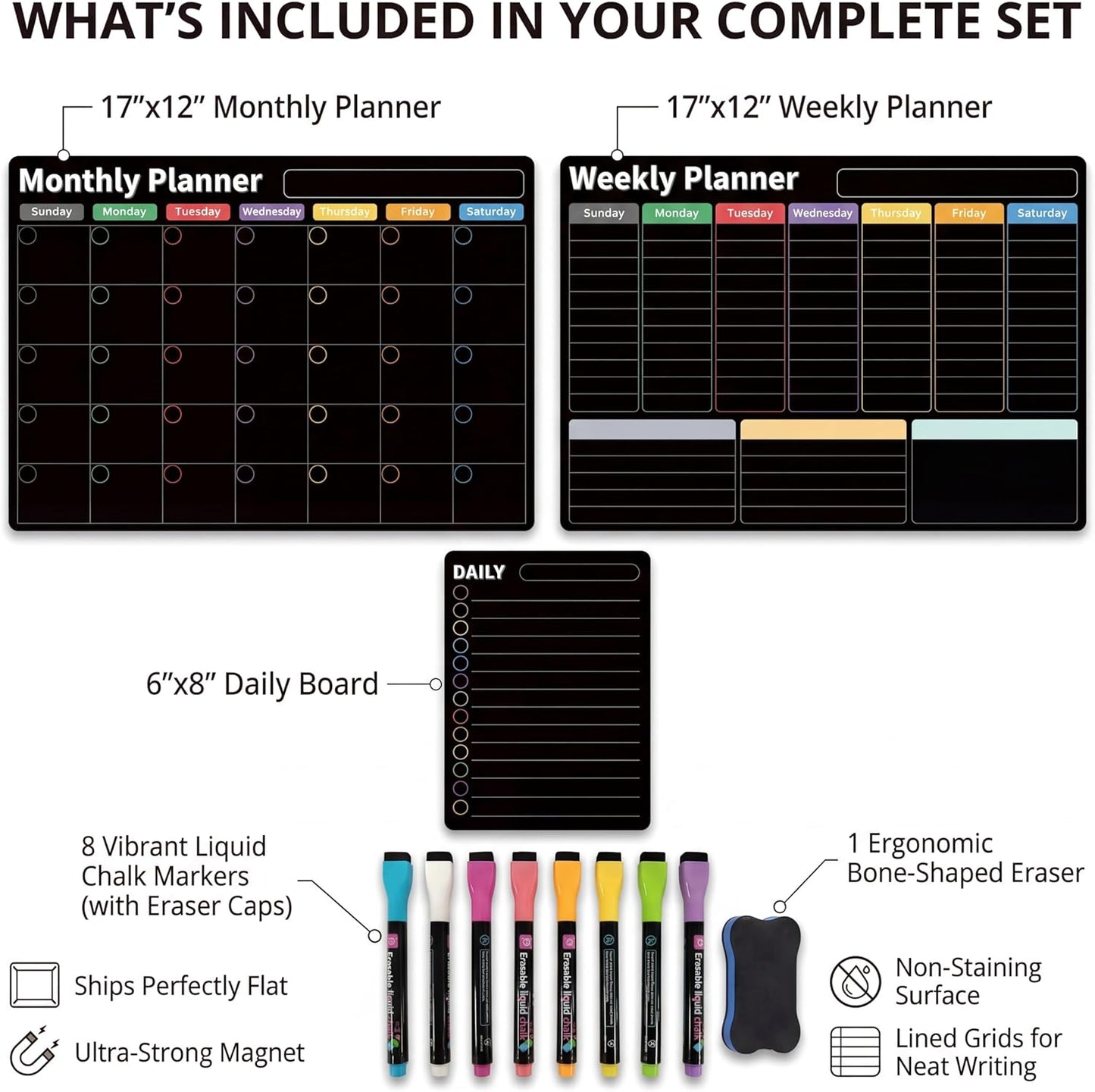 Magnetic Calendar for Refrigerator (3-Pack, Ships Flat) - 17"x12" Monthly, Weekly & Daily Planner with Lined Grids - Nano-Tech Dry Erase Board Fridge Whiteboard, 8 Markers & Eraser