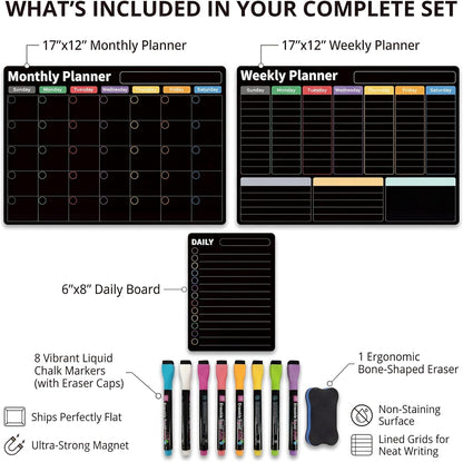 Magnetic Calendar for Refrigerator (3-Pack, Ships Flat) - 17"x12" Monthly, Weekly & Daily Planner with Lined Grids - Nano-Tech Dry Erase Board Fridge Whiteboard, 8 Markers & Eraser