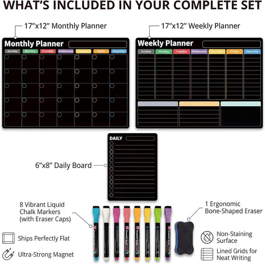 Magnetic Calendar for Refrigerator (3-Pack, Ships Flat) - 17"x12" Monthly, Weekly & Daily Planner with Lined Grids - Nano-Tech Dry Erase Board Fridge Whiteboard, 8 Markers & Eraser