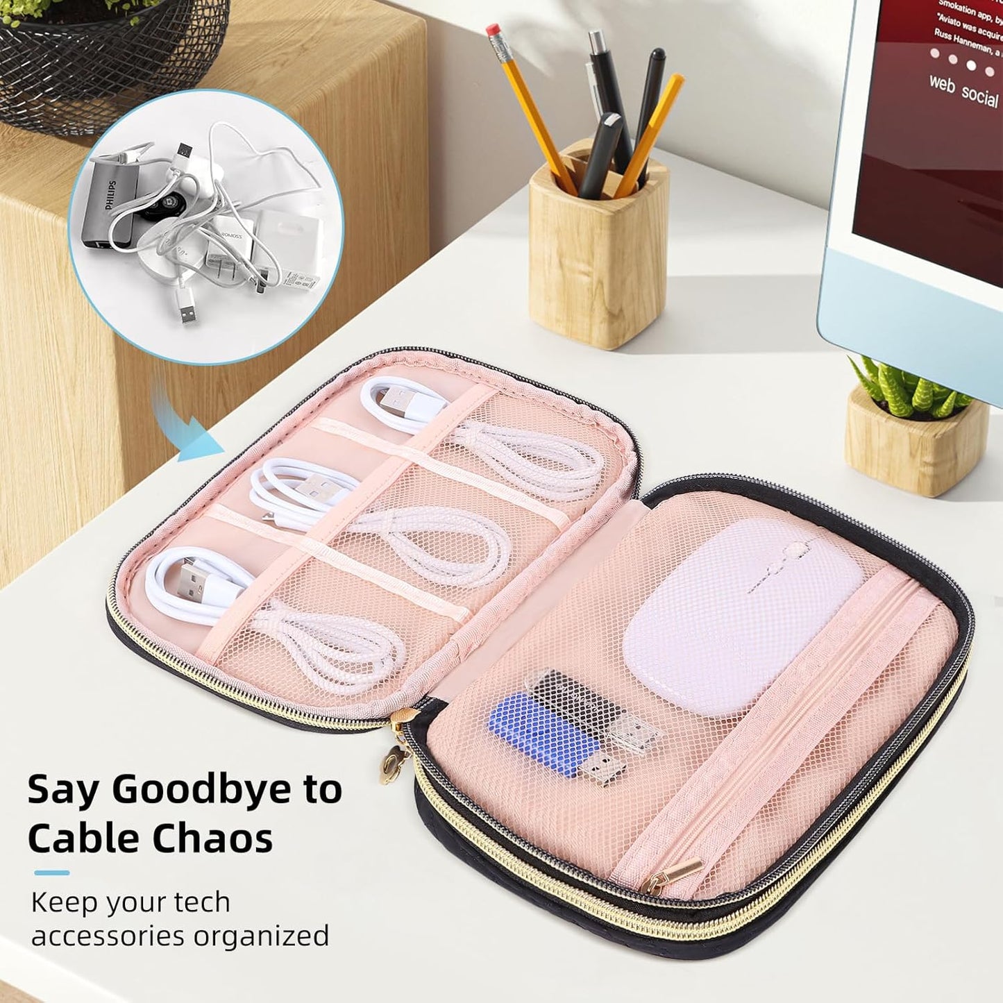 Electronics Organizer Travel Case, Charger Bag Cord Organizer Travel, Compact Tech Pouch Cable Organizer Bag for Charger, Cords, Phone, Headphones, Flash Drive, SD Card (Pink, Small-Double Layer)