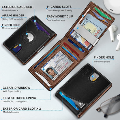 miyozi Airtag Wallet for Men,with Money Clip 11 Cards Slim Front Pocket Leather RFID Blocking Wallet with Gift Box